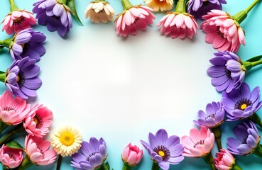 Colorful flowers arranged in frame on light blue background. Springtime floral design with blank space in middle suitable for greeting card. Pastel colors, delicate blossoms create beautiful romantic