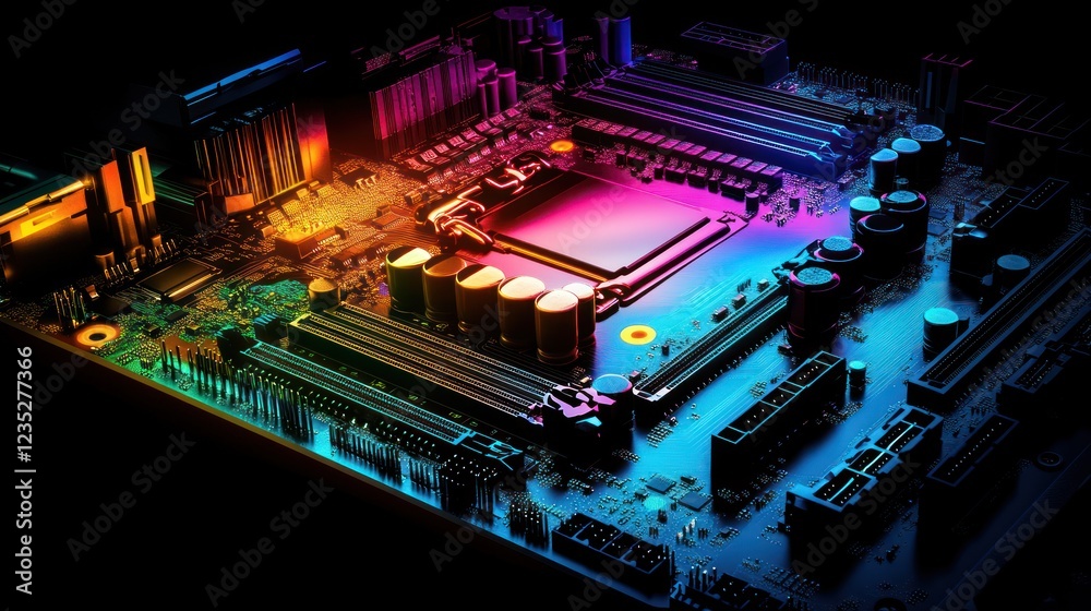 Poster Vibrant Computer Motherboard Close Up Displaying Components