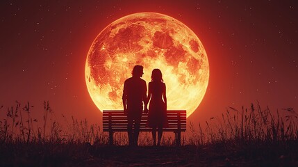 Silhouette of Couple on Bench Under Blood Moon