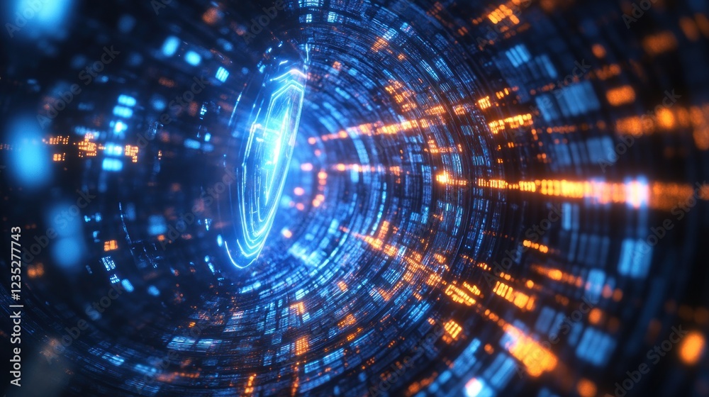 Poster Digital Shield Glowing in Data Tunnel