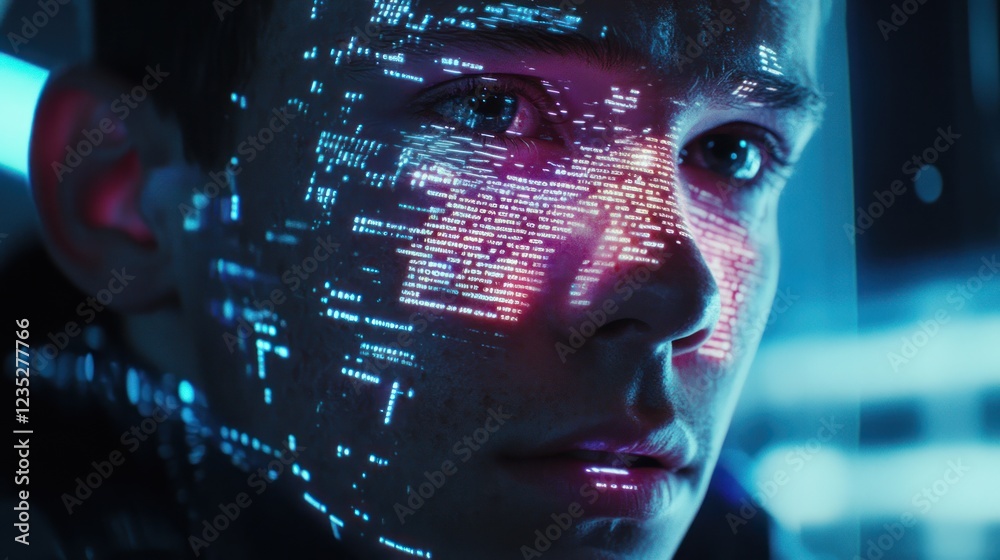 Aufkleber young man face projected digital code data
