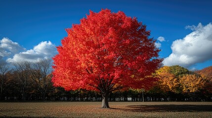 Vibrant Red Maple Tree Autumn Landscape Scene