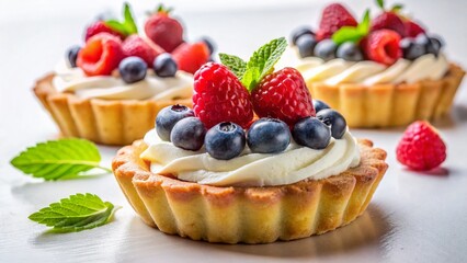 Delicious Mini Tart with Cream and Berries on White Background - High-Resolution Stock Photo