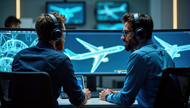 Two aerospace engineers in high-tech lab analyze aircraft design simulations on computer screens. Focused on design details. Engineers wear headphones, look at screens with digital airplane models.