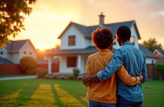 Happy couple stands outside new home at sunset. Embrace lovingly. Beautiful house in residential area. Joyful moment of homeownership. Couple looking at new estate. Atmosphere warm, romantic. Love,