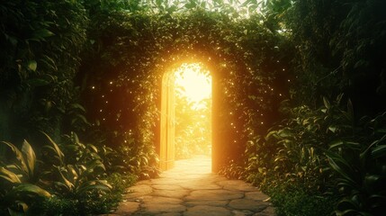 Obraz premium Luminous Archway Leads To A Sunlit Path Through Lush Foliage