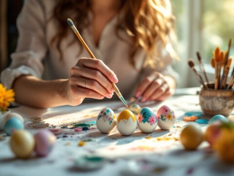 Woman painting colorful floral designs on Easter eggs with a brush
