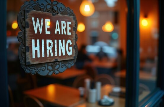 Cafe window displays sign Hiring. Cozy eatery seeks new staff. Job opportunity for potential employee in hospitality business. Recruitment for cafes. Business looking for talent. Good career - Powered by Adobe