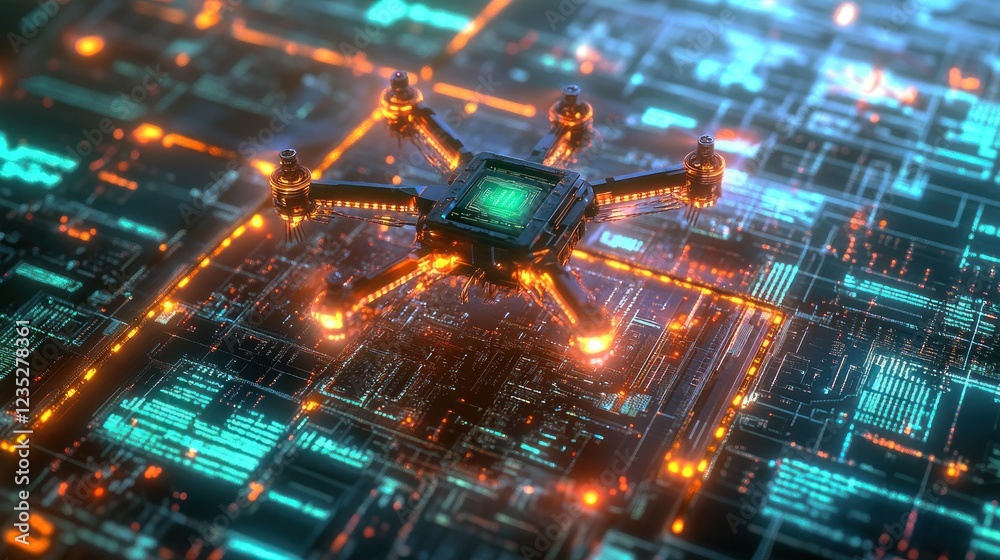 Aufkleber futuristic drone hovering above a digital circuit board