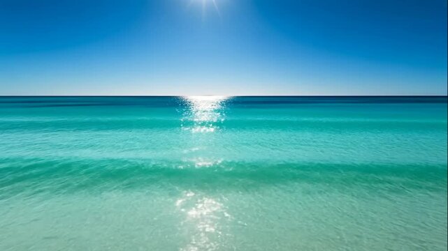 Stunning turquoise water laps gently at a pristine sandy shore under a brilliant blue sky. Perfect for summer travel or vacation themes.