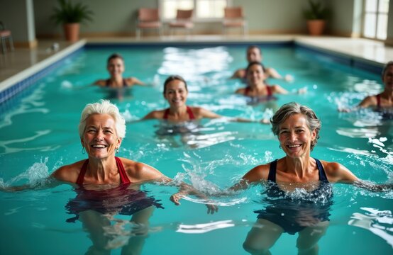 Active senior women participate in water aerobics class. Perform synchronized movements in indoor pool. Seniors enjoy fun, healthy lifestyle. Group exercise promotes physical health, well-being.