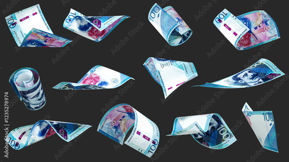 Aufkleber 3D rendering of Set of 100 Peruvian soles notes flying in different angles and orientations isolated on dark background. currency of Peru
