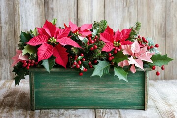 Festive Christmas Poinsettia Arrangement in Wooden Box