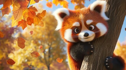 Fototapeta premium Adorable Red Panda Clinging To Tree In Autumn