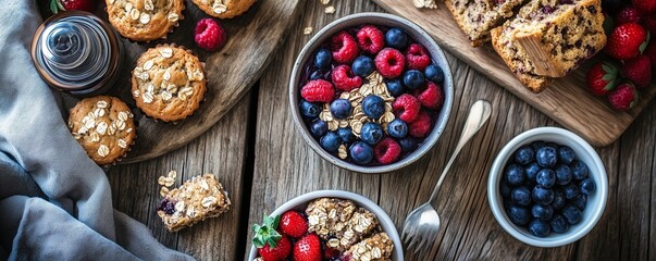A cozy, warm setting with a rustic wooden table topped with gluten-free muffins, homemade granola bars, and a smoothie bowl filled with fresh berries.