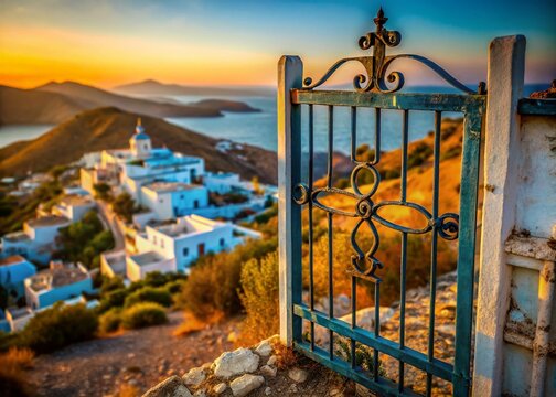 Donoussa Island Greece: Blurred Stavros Port View from Church Gate