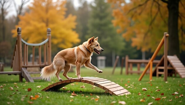 Dog performs agility training. It climbs over wooden obstacle. Park setting with autumn foliage. Autumn season. Dog is enjoying activity. Outdoor exercise. Dog training course. Playful animal.