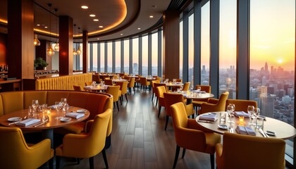 Empty restaurant with yellow velvet chairs, wooden tables. Panoramic city view during sunset. Luxury interior design. Modern eatery. Elegant dining atmosphere. High-end restaurant. Business meeting