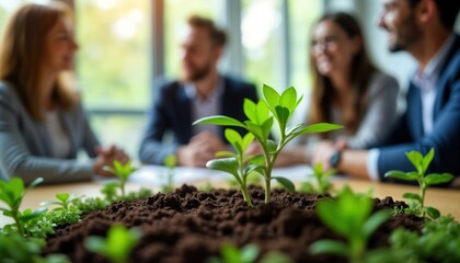 Diverse business team gathers around small sprout in office. Discuss eco-friendly strategies, sustainable solutions. Meeting about growth, innovation. Team looks focused, engaged. Green plant