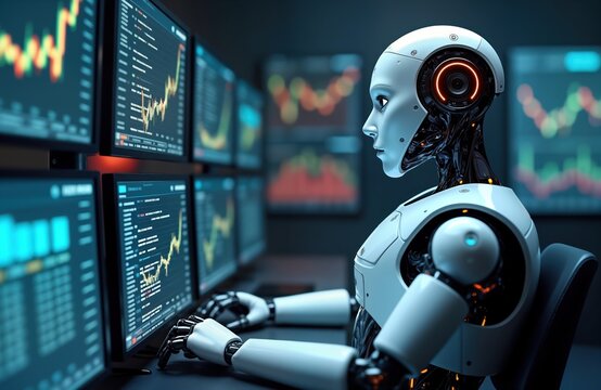 AI robot trader works in modern financial trading automation. Robot analyzes financial data on multiple computer screens. Futuristic technology concept for automated investment in stock market.