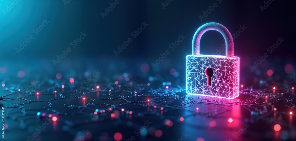 Fototapete Futuristic neon padlock tech illustration. Cyber security concept. Glowing digital lock. Modern tech design. Network protection. Info safety. Secure system. Cyber space. Digital encryption. Safe