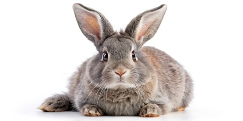 Obraz premium Fluffy Gray Rabbit Close-up, White Background, Product Photography