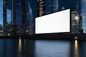 Large blank digital billboard on a rooftop in a futuristic city at night, perfect for advertisements, branding, and marketing campaigns