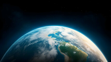 Fototapeta premium Planet Earth showing the American continents and a glowing blue atmosphere against the dark void of outer space.