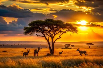 Dramatic African Savanna Sunset Wildlife Silhouette Stock Photo