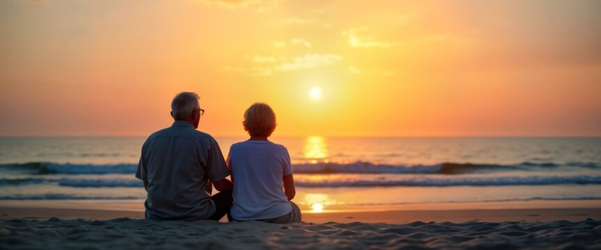 Senior couple sits on beach at sunset. Look out at ocean. Peaceful, relaxing moment. Enjoy retirement. Golden hour hues paint sky. Beautiful scenery. Enjoy life. Quiet moment. Romantic. Calm. - Powered by Adobe