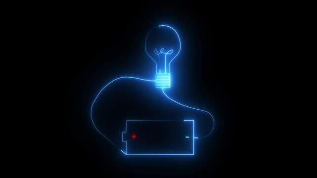 Abstract neon Glowing Light Bulb with Battery Connection. neon Power Supply Concept. 4k motion graphic animation on night background.