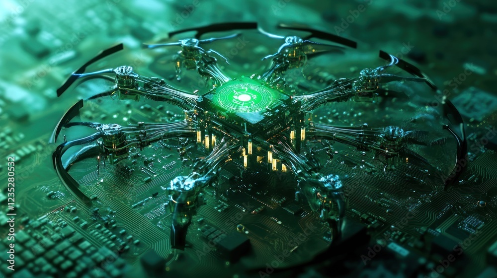 Poster futuristic drone assembles on circuit board technology