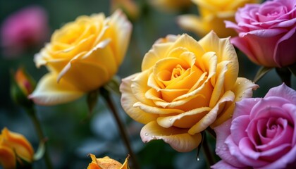 Close-up view of vibrant yellow, purple roses. Water droplets cling to petals. Roses in garden setting. Beautiful flowers with delicate petals. Blooms appear fresh, romantic. Image detailed macro
