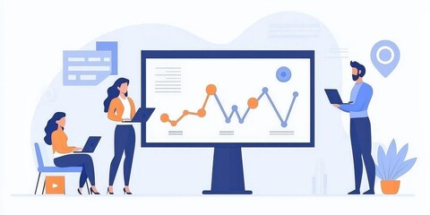 Team analyzing data growth on screen. Office background.  Business presentation