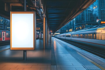 A train station platform at dusk with a blank advertisement board and moving trains.