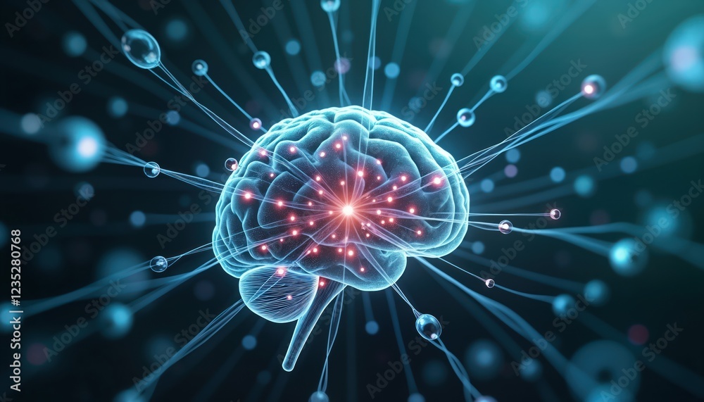 Poster Illustrative design of active brain with glowing synapses, neurotransmitters. Intricate patterns show neural connections. Visualizes complex communication in brain. Dark background with light blue