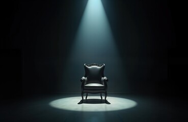 Empty dark room interior. Spotlight illuminates antique chair. Dark mysterious ambiance. No people present. Vintage style. Stylish wooden furniture. Dramatic lighting effect. Historic loft attic