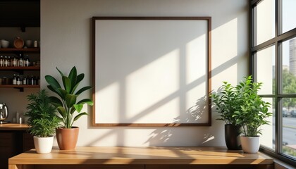 Indoor cafe scene featuring blank framed mockup on wall with sunlight. Green plants in pots displayed on wooden table in front of window. Modern cafe interior design with natural light. Possible use