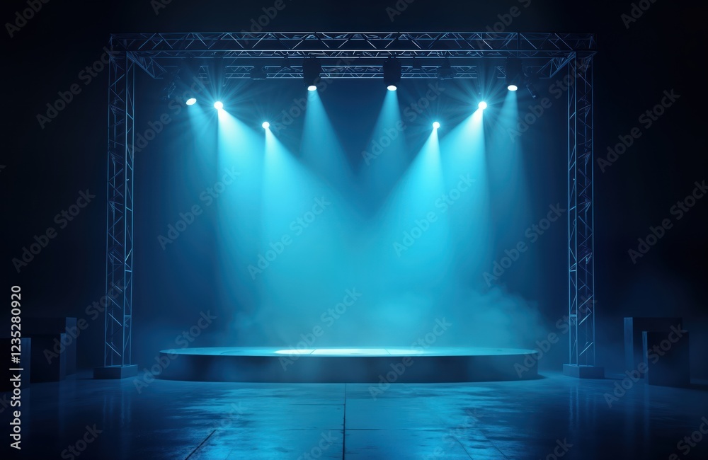 Poster empty stage bathed in vibrant blue light. spotlights illuminate circular platform. fog creates atmos