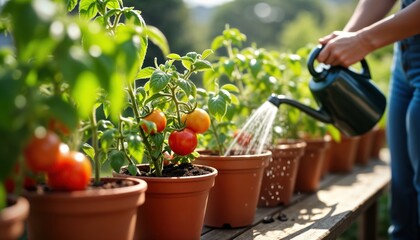 Woman waters tomato plants in pots on sunny balcony. Ripe tomatoes, green foliage visible. Homegrown organic vegetables thrive on terrace garden. Woman nurturing growth, care. Lifestyle photo healthy