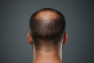 Obraz premium Back view of a man with noticeable hair loss and a bald spot, representing male pattern baldness, aging, and hair thinning