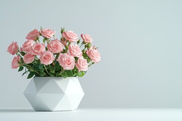 Pink roses in a geometric white vase
