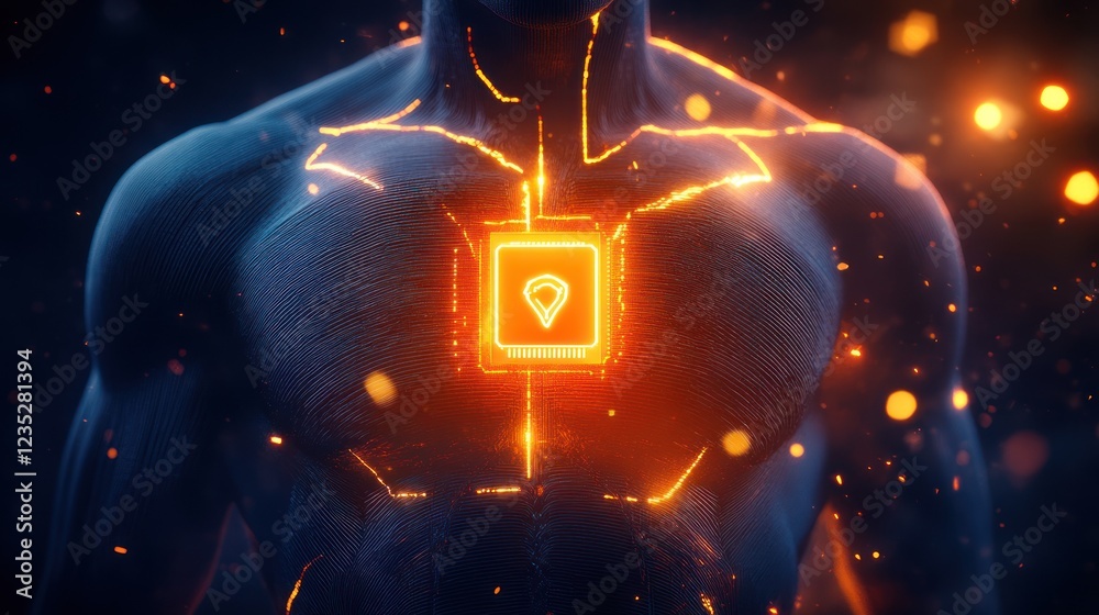 Poster Glowing Cybernetic Humanoid With Embedded Microchip