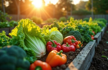 Ripe vegetables, herbs grow in raised garden beds. Colorful peppers tomatoes, cabbage rest on dark soil. Sunlight shines on fresh produce. Summer harvest in home garden. Organic healthy food