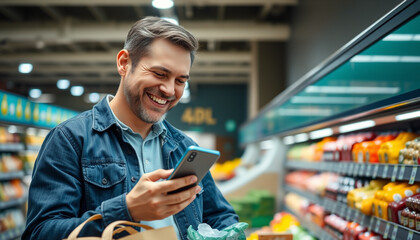 A happy man in a supermarket aisle holding a phone and smiling while shopping for groceries, checking a list or scanning a barcode in a well-stocked store.