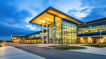 Obraz premium Modern Glass Office Building Evening Illumination