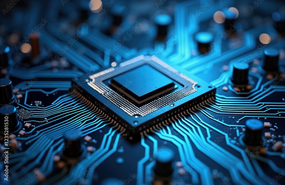 Fototapete Close-up view of intricate computer chip components. Complex tech circuit board with vibrant blue highlighted lines. Advanced computer hardware details visible. High-tech components interconnected.