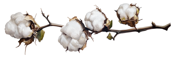 Cotton branch with fluffy white cotton bolls on a transparent background, 
