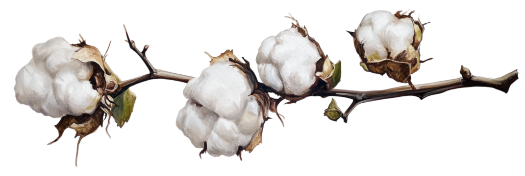 Cotton branch with fluffy white cotton bolls on a transparent background, 