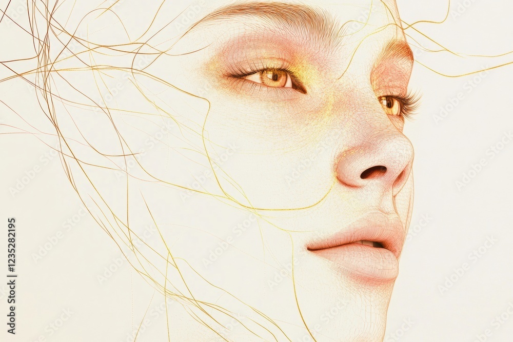 Poster silhouette of a womans face highlighted by golden ratio lines for artistic representation of beauty 